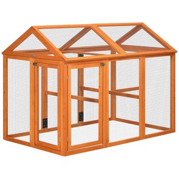 PawHut Gallinero para Exterior 140x88,5x106 cm con 3 Perchas Marco de Madera y 2 Puertas con Cierre Madera Natural