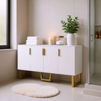 mueble de bano blanco con patas doradas y almacenaje cerrado