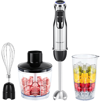 Aigostar Buckle - Batidora de Mano 3 en 1, 1000W, 6 Velocidades y ModoTurbo, Batidora Mano con Vaso Picador de 500ml, Vaso Medidor de 600ml y Batidor de Huevo. Libre de BPA