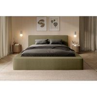cama con canape denali  oliva rizado  160x200 cm  tela terciopelo suave  somier elevable  almacenamiento integrado