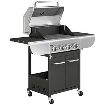 Outsunny Barbacoa de Gas con 4 Quemadores 12,8 kW Termómetro Parrillas de Hierro Fundido Mesas Laterales Armario y Ruedas Negro