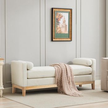 Banco De Dormitorio En Chenilla Marfil, Reposapiés Cuadrado, Juego Banco-cama Con 2 Cojines, Cabecero, Salón, Entrada, Patas De Madera