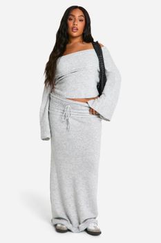 Falda Plus Maxi De Punto Y Canalé Con Tiras Cruzadas, Gris
