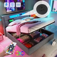cama abatible de 160 x 200 cm con sistema hidraulico iluminacion led y puertos usbusb-c - tejido de lino y estructura metalica - gris