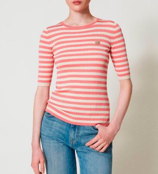 Twinset para mujer. 251TP3470 Jersey de rayas con manga corta rosa, beige (M), Casual, Viscosa