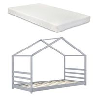 cama cabana infantil casera con colchon y somier de laminas de madera de pino gris 200 x 90 cm 030005534