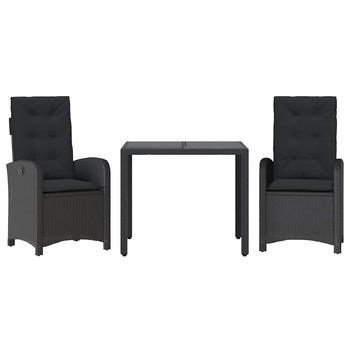 Set Comedor De Jardín 3 Piezas | Mueble De Jardín Con Cojines Ratán Sintético Negro