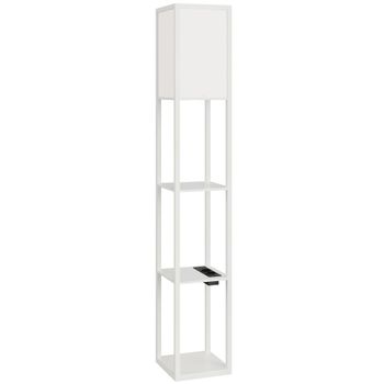 HOMCOM Lámpara de Pie con Estantes, Luz Regulable, Interruptor de Pedal y Puertos USB, Blanco   Aosom España