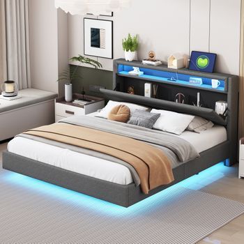 Cama Tapizada 160 X 200 Cm - Toma Usb + Led - Cabecero Reversible - Tela De Lino - Gris