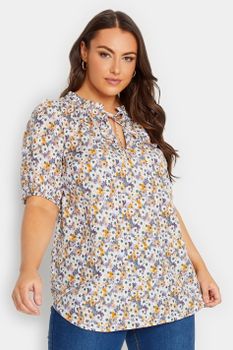 Yours Blusa Gris Y Naranja De Flores, Mujer Curvy Y Tallas Grandes, Yours