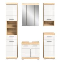 conjunto de bano lewoto  1 columna 1 mueble bajo lavabo 1 armario con espejo y 2 medias columnas  blanco y roble