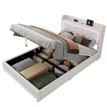 Cama Contenedor 140 X 200 Cm Con Cabecero - Leds Y Puerto Usb - Tela De Lino - Estilo Contemporáneo - Beige