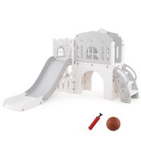 costway tobogan infantil 9 en 1 con canasta de baloncesto telescopio volante pasarela tunel para 1 anos 176 x 138 x 80 cm gris y blanco