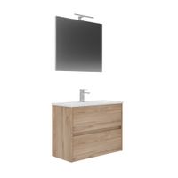 conjunto de mueble lova de bano con lavabo y espejo roble