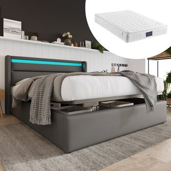 Cama De Almacenamiento Hidráulica Tapizada Funcional Con Iluminación Led, Doble 140x200 Cm, Gris, Con Colchón