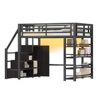 cama alta de 140x200 cm doble metalica con estantes armarios ropero led negra