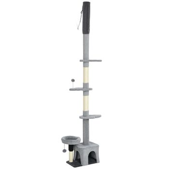 PawHut Árbol rascador suelo-techo ajustable 225-255 cm, torre multiescalonada en felpa, gris