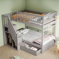 cama litera para ninos de madera maciza con somier de lamas barrera de seguridad alta escalera con almacenamiento y cajones 90x200 cm gris