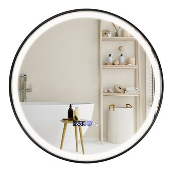 Costway Espejo Redondo de Baño Tocador con Luz LED de 3 Colores Función de Memoria Desempañar Lectura de Tiempo y Temperatura 60 x 60 x 4 cm Plata