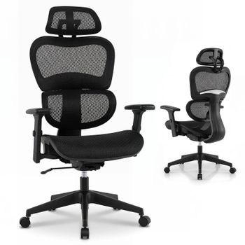 Costway Silla de Oficina Ergonómica con Ruedas Reposacabezas y Reposabrazos Ajustables Respaldo Reclinable Altura Regulable Negro