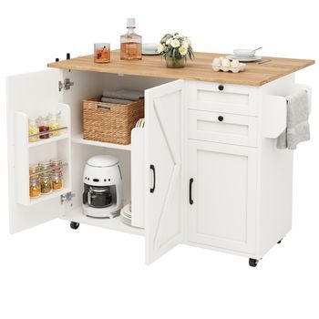 Isla De Cocina Blanca Con Ruedas Y Tablero Plegable, 120 X 43,2 X 92 Cm