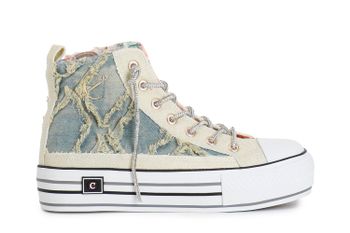 zapatillas medias en denim deshilachado con cordones de strass jeans/yellow