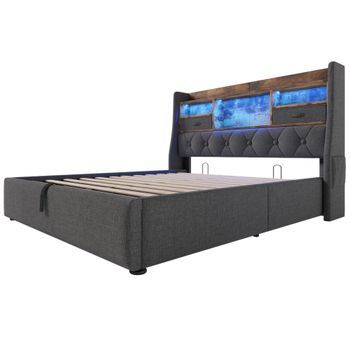 Cama De Lino Gris 140 X 190 Cm Con Arcón, Led, Cabecero De Almacenaje Y Cuatro Puertos De Carga