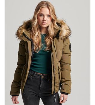 Superdry para mujer. W5011576A Cazadora bómber acolchada con capucha Everest verde (S), Casual, Poliéster
