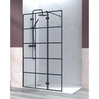 mampara de ducha fijo de ducha  1 puerta abatible cuadricula cristal templado 6mm antical  195cm altura  70-120cm  negro mate - cuadricula negra - 100cm  40cm