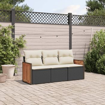 Conjunto De Sofás De Jardín Con Cojines 3 Uds | Mueble Jardin Mesa Y Sillas Ratán Sintético Negro Cfw250318