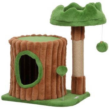 PawHut Árbol Rascador para Gatos 53 cm Diseño de Tronco con Casita Cama Poste de Yute Bolas Marrón y Verde   Aosom España