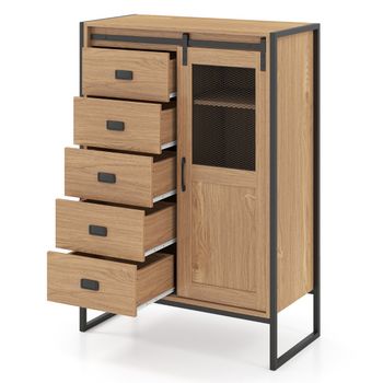 Costway Armario Almacenamiento Suelo Rústico Puerta Corredera 5 Cajones Estantes Ajustables Independiente Baño Salón Cocina Natural