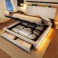 cama tapizada doble con almacenamiento hidraulico puerto usb-c iluminacion led control por botonapp tejido de lino beige 140x200 cm