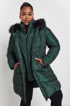 Yours Abrigo Midi Verde Pino Acolchado Con Capucha, Mujer Curvy Y Tallas Grandes, Yours