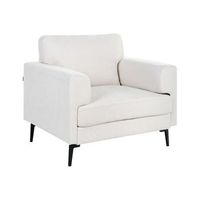 sillon minimalista de estilo moderno de mediados de siglo de tela patas metalicas reposabrazos rectos beige claro lousto