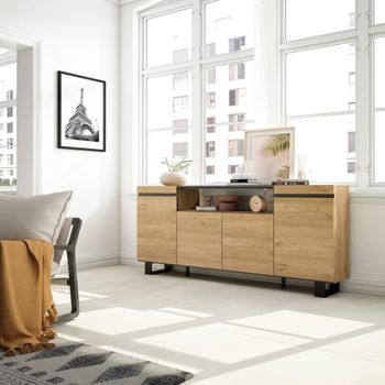 Aparador efecto madera roble y negro 200x35x87cm con patas