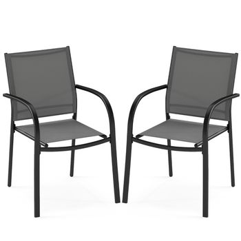 Costway Juego de 2 Sillas de Patio Sillas de Comedor Apilables de Metal con Asiento y Respaldo Transpirables para Jardín Piscina Balcón