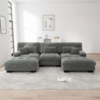 Sofá Cama Convertible Modular En Forma De U, Gran Comodidad Profunda, Con Puff, Tejido De Chenilla Gris, Estilo Nube