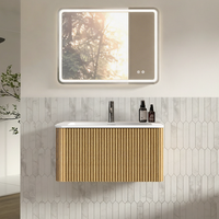 conjunto de bano suspendido de 80 cm con espejo led regulable color roble