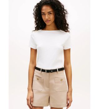 Tommy Hilfiger para mujer. WW0WW49250 Camiseta slim de cuello barco con botones beige (M), Casual, Algodón, Manga corta