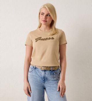 Guess para mujer. W6YI29K4348 Camiseta con logo de cuentas beige (L), Casual, Algodón, Manga corta