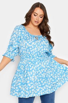 Yours Top Azul De Margaritas Con Cinturilla Fruncida, Mujer Curvy Y Tallas Grandes, Yours