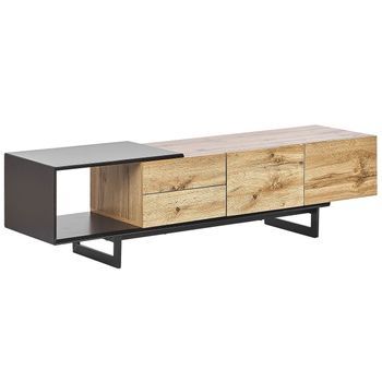 Mueble Tv Madera Clara Negro 160 X 39 Cm Mdf Cajonera Sala De Estar Fiora