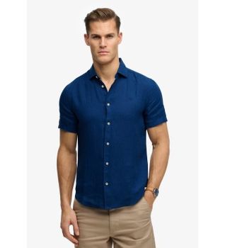 Superdry para hombre. M4011104A Camisa Riviera marino (M), Casual, Lino, Manga corta