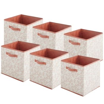 Juego de 6 cestas plegables de tela blanca y terracota, 31x31x31 cm