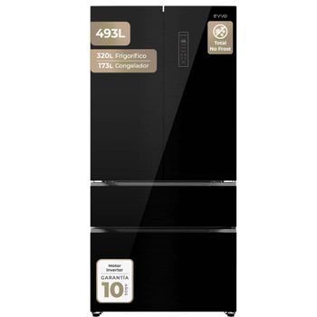EVVO - Frigorífico francés F81 Glass Black de 493 L, Total No Frost y motor inverter, acabado cristal negro para cocina moderna