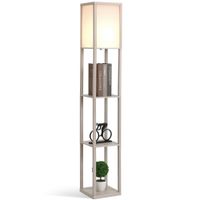 homcom lampara de pie de madera con estantes almacenaje para salon dormitorio bombilla e27 26x26x160 cm diseno moderno roble y blanco   aosom espana