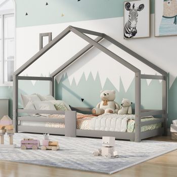 Cama Tipo Cabaña - 90 X 200 Cm - Cama Infantil En Pino Macizo - Gris