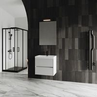 mueble de bano suspendido 60cm 2c en blanco mate con rejilla y espejo 60x80 cortina
