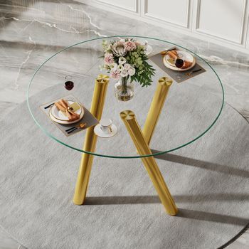 Mesa De Comedor Redonda - Mueble De Comedor - Cristal Y Metal - Dorado (89x89x76cm)